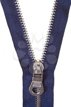 metallic blue zip fastener close up isolated on white background