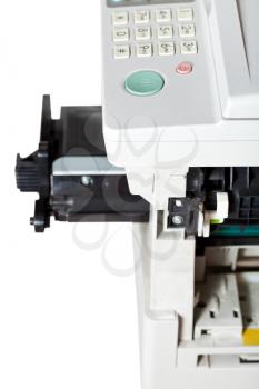maintenance of office copier with inserting toner cartridge close up