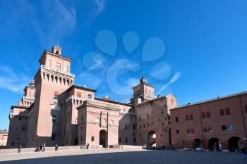 panoramic side view of The Castle Estense in Ferrara, Italy