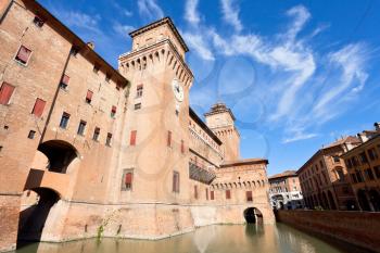 view of moat and The Castle Estense in Ferrara, Italy