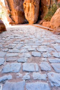antique roman cobbled road in Siq passage in city Petra, Jordan