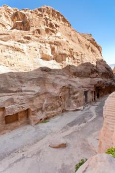 street with mountain caves - chambers in Little Petra, Jordan