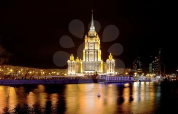 night view of Stalin's vysotka on Taras Shevchenko embankment in Moscow, Russia