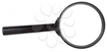 magnifying loupe in black plastic frame isolated on white