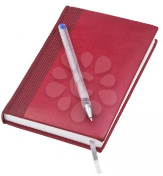 red brown leather note book with old blue pen isolated on white background