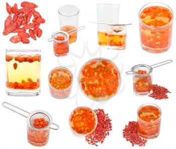 preparing of goji berry tincture - set of glasses with goji berries infusion and dried fruits isolated on white background