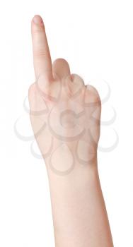 above view of forefinger presses - hand gesture isolated on white background