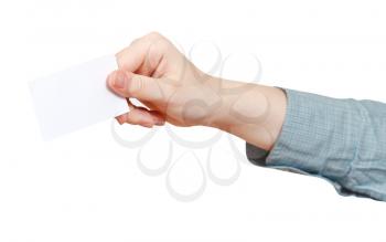side view of blank business card in woman's hand isolated on white background