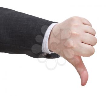side view of thumbs down sign - hand gesture isolated on white background