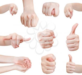 set of front view of hand gesture isolated on white background