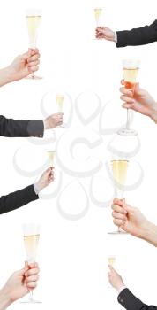 set of raising of champagne glass in hand isolated on white background
