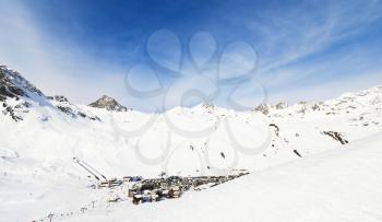panorama with town Tighnes between snow mountains in Paradiski region, Val d'Isere - Tignes , France