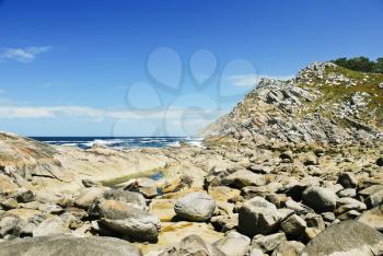 stone beach on Cies Islands (illas cies) - Galicia National Park in Atlantic Ocean, Spain