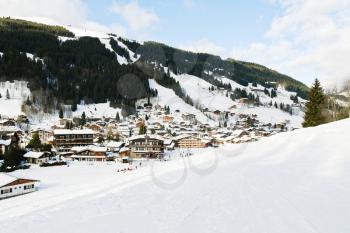 view of in mountain skiing resort town Les Gets in Portes du Soleil region, France