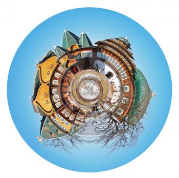 little planet - spherical view of Great Wooden Palace of in Kolomenskoe, Moscow isolated on white background