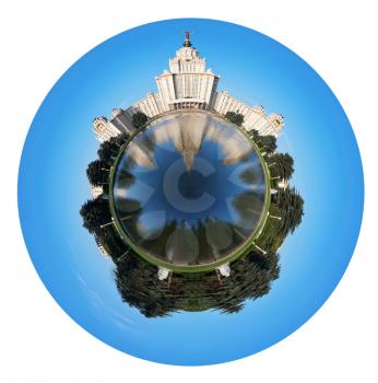 little planet - spherical view of Lomonosov Moscow State University and fountain pond in summer day isolated on white background