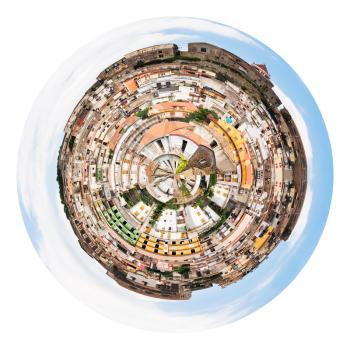 little planet - urban spherical panorama with dense houses of ancient sicilian mountain town Castiglione di Sicilia isolated on white background