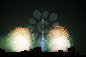 fireworks and view of Ostankinskaya TV Tower in Moscow in night