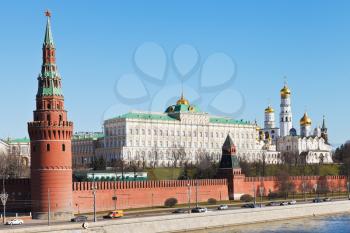 Kremlin red wall, towers, palace, cathedrals in Moscow