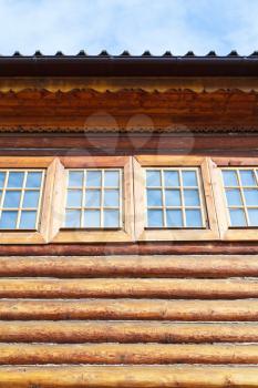 windows of wood log tower of Great Wooden Palace in russian village Kolomenskoe, Moscow