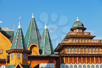 decorated towers and roof of Great Wooden Palace of Tsar Aleksey Mikhailovich Romanov in Kolomenskoe, Moscow