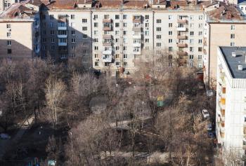 above view of urban courtyard in residential area in Aeroport district of Moscow in spring