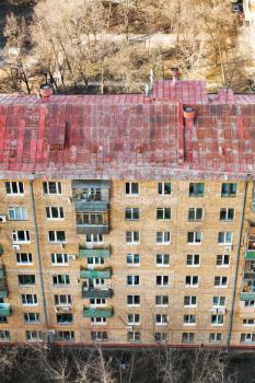 above view of facade of apartment house in Aeroport district of Moscow in spring