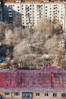 above view of urban yard of apartment house in Aeroport district of Moscow in spring