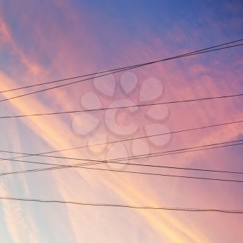 electrical power cables with pink sunset clouds in blue spring sky background