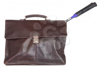 closed business leather briefcase with badminton rackets isolated on white background