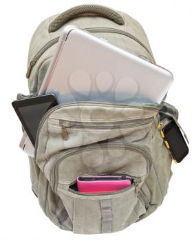 tourist backpack with mobile devices isolated on white background