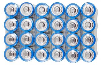 above view of pack AA electric batteries isolated on white background