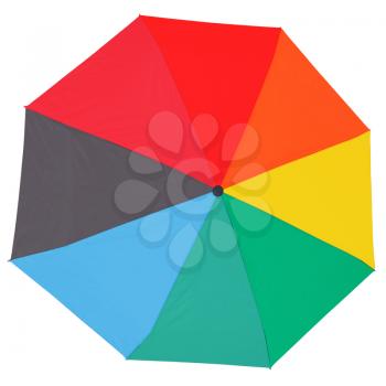 top view of open multicolored umbrella isolated on white background
