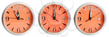 set of orange clock faces with midnight time isolated on white background