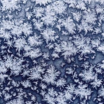snowflakes and frost on frozen window glass in cold winter evening close up