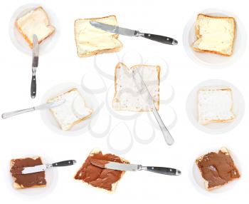 set of sandwiches from toast and speads isolated on white background
