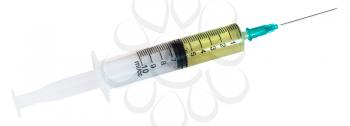 little 10 ml syringe filled with yellow liquid isolated on white background