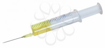20 ml syringe filled with yellow liquid isolated on white background