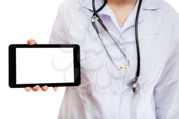 nurse holds tablet pc with cut out screen isolated on white background