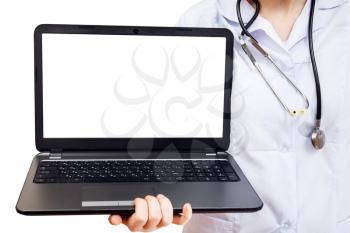 nurse holds computer laptop with blank screen isolated on white background