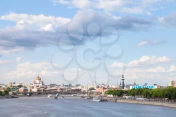 MOSCOW, RUSSIA - MAY 30, 2015: blue cloudy sky over Moscow city with Cathedral of Christ the Saviour, Peter The Great Monument, New State Tretyakov Gallery, Kremlin, Moskva River with Crimean Bridge