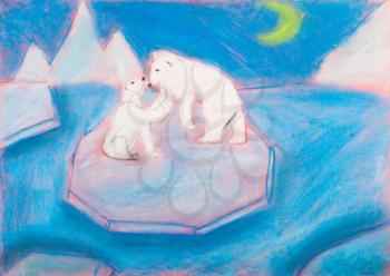 children drawing - bear with a cub on an ice floe in the polar night by dry pastel on blue paper