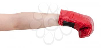 hand gesture - child with boxing glove punches isolated on white background