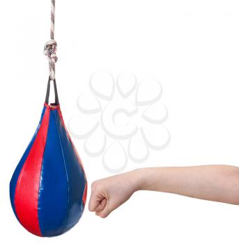 hand gesture - child punches punching bag isolated on white background