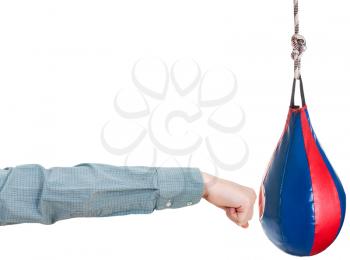 hand gesture - office worker punches punching bag isolated on white background