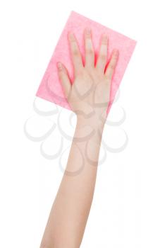 top view of hand with pink cleaning rag isolated on white background
