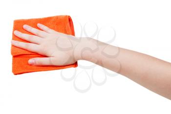 hand with orange wiping rag isolated on white background