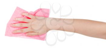 hand with pink dusting rag isolated on white background
