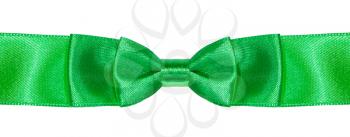 double bow knot on green satin ribbon close up isolated on white background