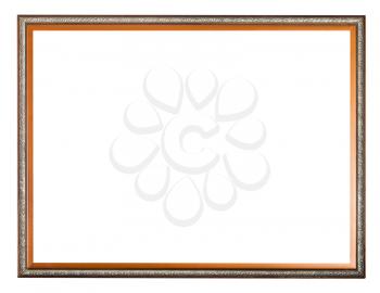 vintage narrow carved wooden picture frame with cut out blank space isolated on white background